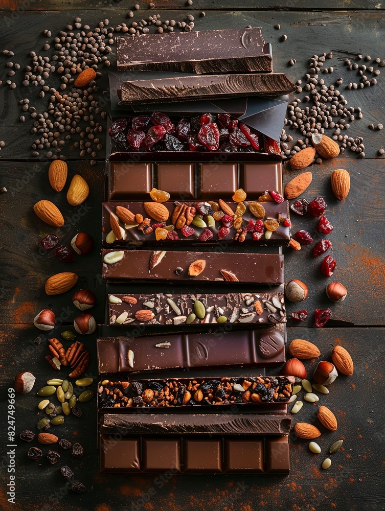 Poster a detailed chocolate bar with nuts and chocolate arranged on a table, showcasing rich textures and n