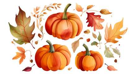 Naklejka premium Watercolor Autumn Pumpkin Clipart, Fall Floral Leaves, isolated on transparent background