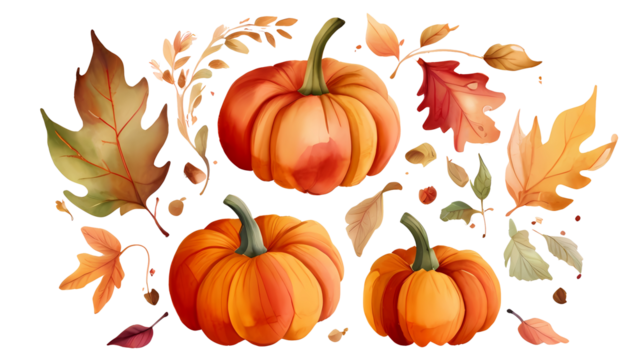 Watercolor Autumn Pumpkin Clipart, Fall Floral Leaves, isolated on transparent background