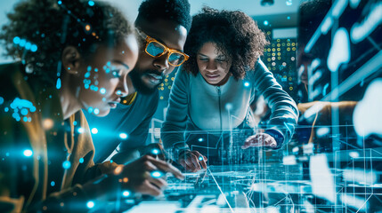 A group of people are looking at a computer screen with a blue background. Scene is curious and intrigued
