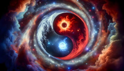Cosmic Balance of Yin-Yang: Galaxy Vortex with Entwined Pink and Blue Flames Symbolizing the Sun and Moon Union, a Central Pillar of Light Amid a Starry Universe