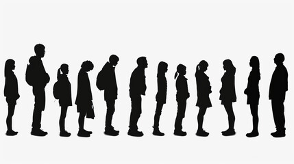 Highly detailed silhouettes of people standing in line, isolated on a white background in high-resolution PNG format. Perfect for realistic illustrations, clip art, and graphic design projects.