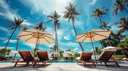 Luxury beach resort hotel swimming pool, beach chairs, palm trees on sunny summer island seaside