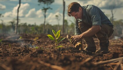 Business leader planting tree in deforested area, showing commitment to environmental restoration