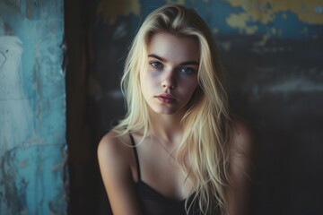 Captivating portrait of a young blonde woman with evocative blue eyes and dim ambient light
