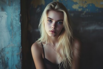 Fototapeta premium Captivating portrait of a young blonde woman with evocative blue eyes and dim ambient light