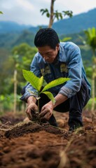 Business leader demonstrating environmental stewardship by planting tree in deforested area