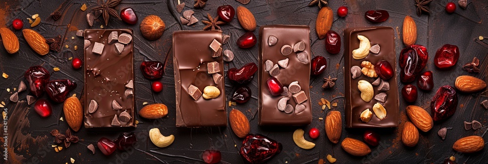 Poster rich chocolate bars topped with nuts and cherries displayed on a wooden table. generative ai