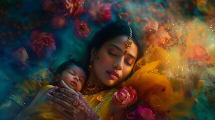 A symphony of colors envelops an Indian mother and her newborn child, creating a magical and enchanting scene