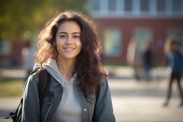 Fototapeta premium Smiling white student in the school playground. American student. European student. Topics related to education. University open house. Back to school. School holidays. French. 