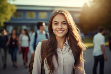 Smiling white student in the school playground. American student. European student. Topics related to education. University open house. Back to school. School holidays. French. 