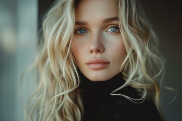 Fototapeta premium Close-up portrait of a woman with captivating blue eyes and blonde curls