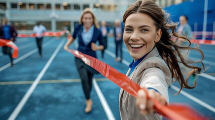 Businesswoman crossing finish line on track smiling. Conceptual image of success and leadership. Bright colors and dynamic energy in business setting. AI