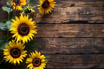 a group of sunflowers on a wooden surface