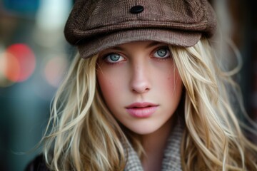 Close-up of an attractive young woman wearing a trendy cap, city lights in the background