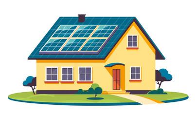Flat Vector Illustration of House with Solar Panels
