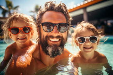 Dos niños con su papá se divierten nadando en la piscina del resort durante las vacaciones de verano. Actividades en familia bajo el sol.