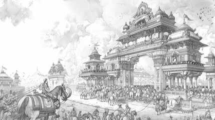 Obraz premium Monochrome sketch of a bustling Indian temple scene with horse carriages and crowds