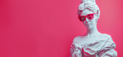 White marble sculpture of a woman wearing red sunglasses, set against a bold pink background, merging classical art with a modern twist