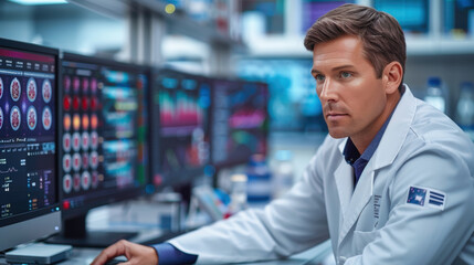 Medical researcher immersed in his work,  analyzing data on multiple monitors in a high-tech laboratory. Scientist Analyzing Data in a Medical Research Lab