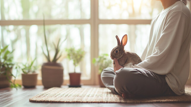 Person sitting cross-legged on a mat holding a pet rabbit in a cozy, sunlit room with potted plants by the window. The person is gently petting the rabbit, creating a serene and calm atmosphere