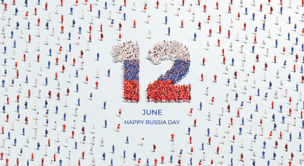 Happy Russia Day. A large group of people form to create the number 12 as Russia celebrates its Russia Day on the 12th of June. Vector illustration.