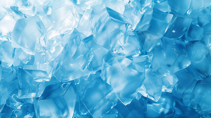 A blue background with ice cubes scattered throughout. The ice cubes are in various sizes and shapes, creating a sense of depth and texture. Scene is cool and refreshing
