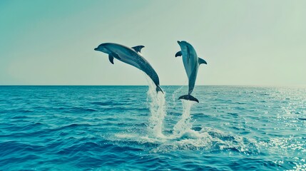 Two dolphins jumping out of the ocean against a clear sky. Marine life at its best. Perfect for nature and wildlife photography. AI © Irina Ukrainets