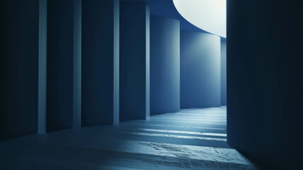 A dark hallway with a light shining through a doorway. The hallway is empty and the light is coming from the ceiling