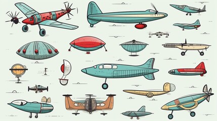 Various air vehicles during flight doodle set. Collection of hand drawn planes helicopters air balloons kites airplanes flying saucer parachute isolated on transparent background