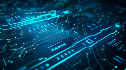 A blue and green circuit board with the word "rares" written on it. The image has a futuristic and technological vibe