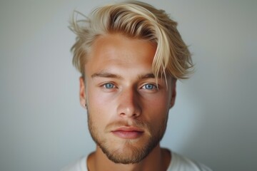 Close-up of a stylish young man with blonde hair and captivating blue eyes on a neutral background