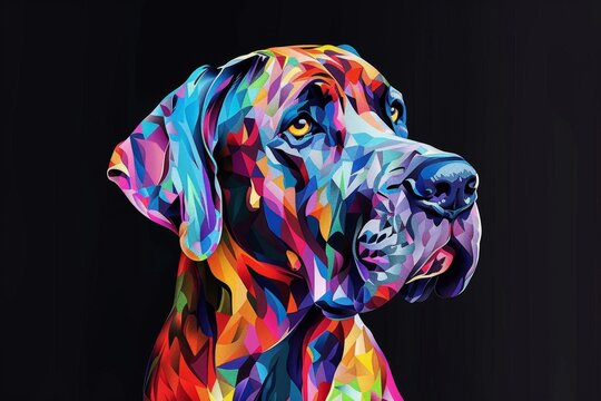 Great dane, side view dog portrait on black background. Colourful and artistic pet head shot, icon or mascot.