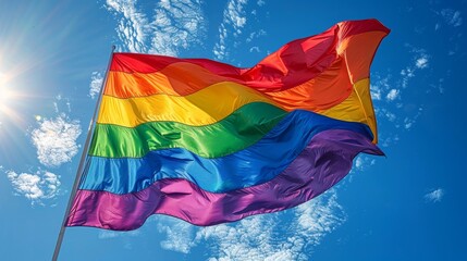 A bright rainbow flag symbolizing LGBTQ+ pride waves gracefully against a clear blue sky with sunbeams