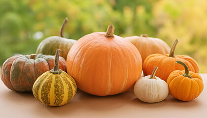 Colorful fresh pumpkins. Organic farm product. Autumn harvest. Fall season. Blurred natural backdrop