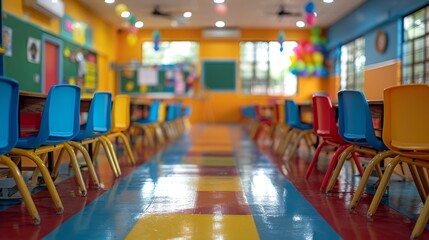 Kindergarten classroom with bright, colorful chairs and educational materials reflecting a joyful...