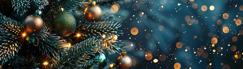 Fototapeta premium An enchanting overhead shot of a Christmas tree fully decorated with shimmering baubles and tiny twinkling lights casting a magical glow, central void area for text.