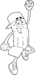 Outlined Funny Pickle Cartoon Character Playing Pickleball Sport. Vector Hand Drawn Illustration Isolated On Transparent Background