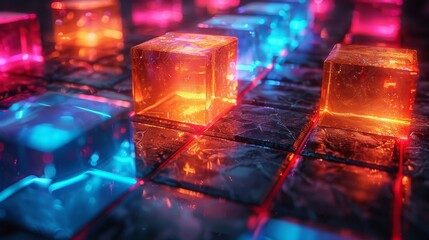 Close-up image of illuminated neon cubes with intense colors and detailed textures on reflective surface