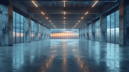 A modern, open walkway with reflective flooring and a stunning view of the skyline at sunset