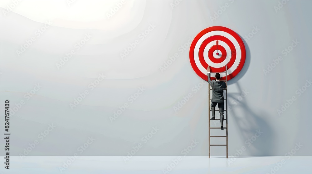 Poster man on ladder aiming at red target on wall. conceptual image of goal setting and achievement. minima