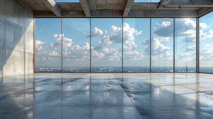 This image illustrates an uninterrupted view of a city skyline through a large glass wall under a sky filled with clouds