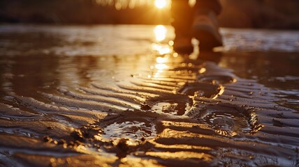 Footsteps in wet sand leading towards the horizon during sunset, creating a warm and reflective atmosphere by the beach.