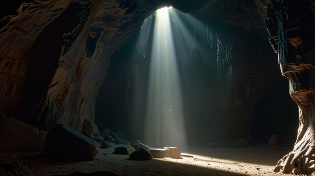 underground cave with sunlight coming in through the cracks in the rocks