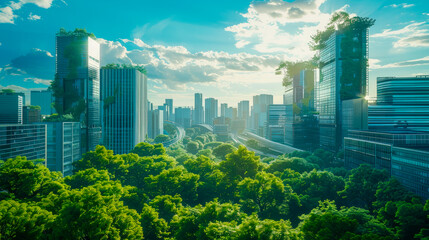 Cityscape with buildings and green lush, showcasing a unique blend of architecture and nature.