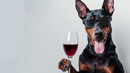 great dog doberman pinscher wearing sunglasses and holding a glass of red wine, wagging it's tongue, happy expression, banner with copy space