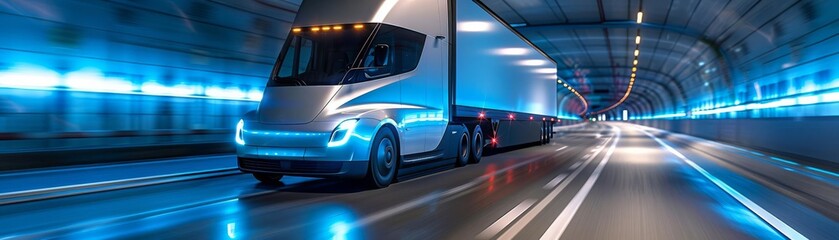 Highspeed freight transport, an electric semitruck in a tunnel with radiant blue light effects, emphasizing efficiency and modernity
