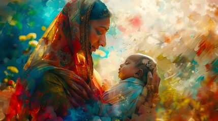 Each brushstroke of color seems to dance around an Indian mother and her newborn child, creating a mesmerizing tableau