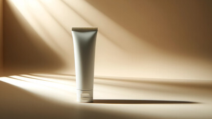 white cosmetic tube mockup, perfectly positioned on a warm soft light background
