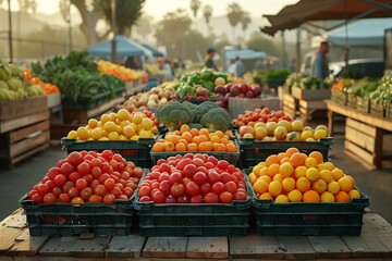 A farmer's market scene with vendors selling organic fruits, vegetables, and homemade goods.Fruits and veggies are showcased at a farmers market